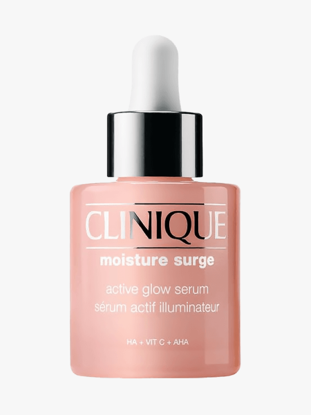 Clinique Moisture Surge Active Glow Serum in branded component on a light gray background