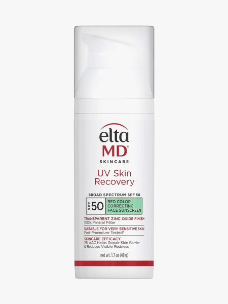 UV Restore Color Correcting Face Sunscreen SPF 50 in branded white tube with pump cap on light gray background